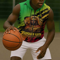 Sundiata Keita Sleeveless Zip Hoodie with Regal Portrait, Lion of Mali Title and Bold Tribal Brushstroke Pattern - Wonder Print Shop