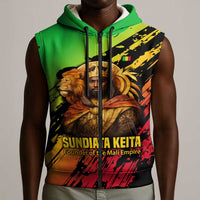 Sundiata Keita Sleeveless Zip Hoodie with Regal Portrait, Lion of Mali Title and Bold Tribal Brushstroke Pattern - Wonder Print Shop