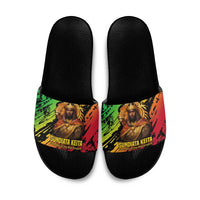 Sundiata Keita Slide Sandals with Regal Portrait, Lion of Mali Title and Bold Tribal Brushstroke Pattern - Wonder Print Shop