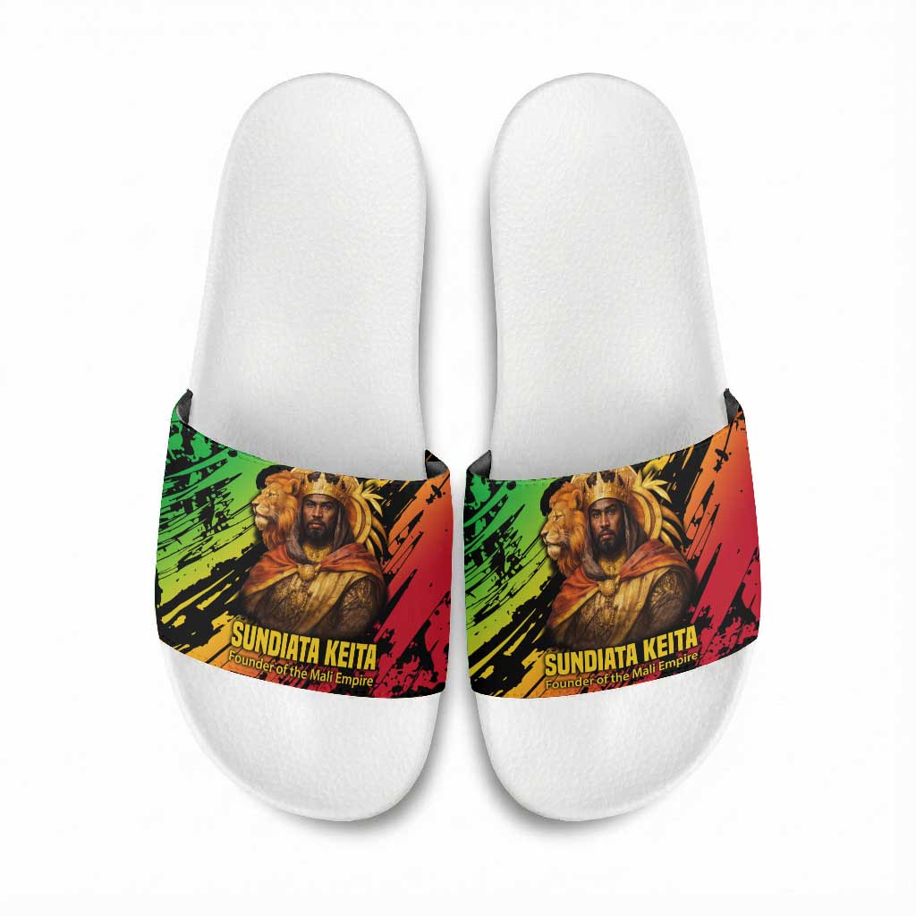 Sundiata Keita Slide Sandals with Regal Portrait, Lion of Mali Title and Bold Tribal Brushstroke Pattern - Wonder Print Shop