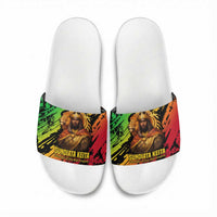 Sundiata Keita Slide Sandals with Regal Portrait, Lion of Mali Title and Bold Tribal Brushstroke Pattern - Wonder Print Shop