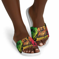 Sundiata Keita Slide Sandals with Regal Portrait, Lion of Mali Title and Bold Tribal Brushstroke Pattern - Wonder Print Shop
