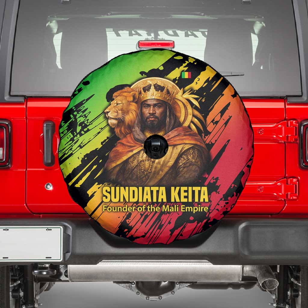 Sundiata Keita Spare Tire Cover with Regal Portrait, Lion of Mali Title and Bold Tribal Brushstroke Pattern - Wonder Print Shop