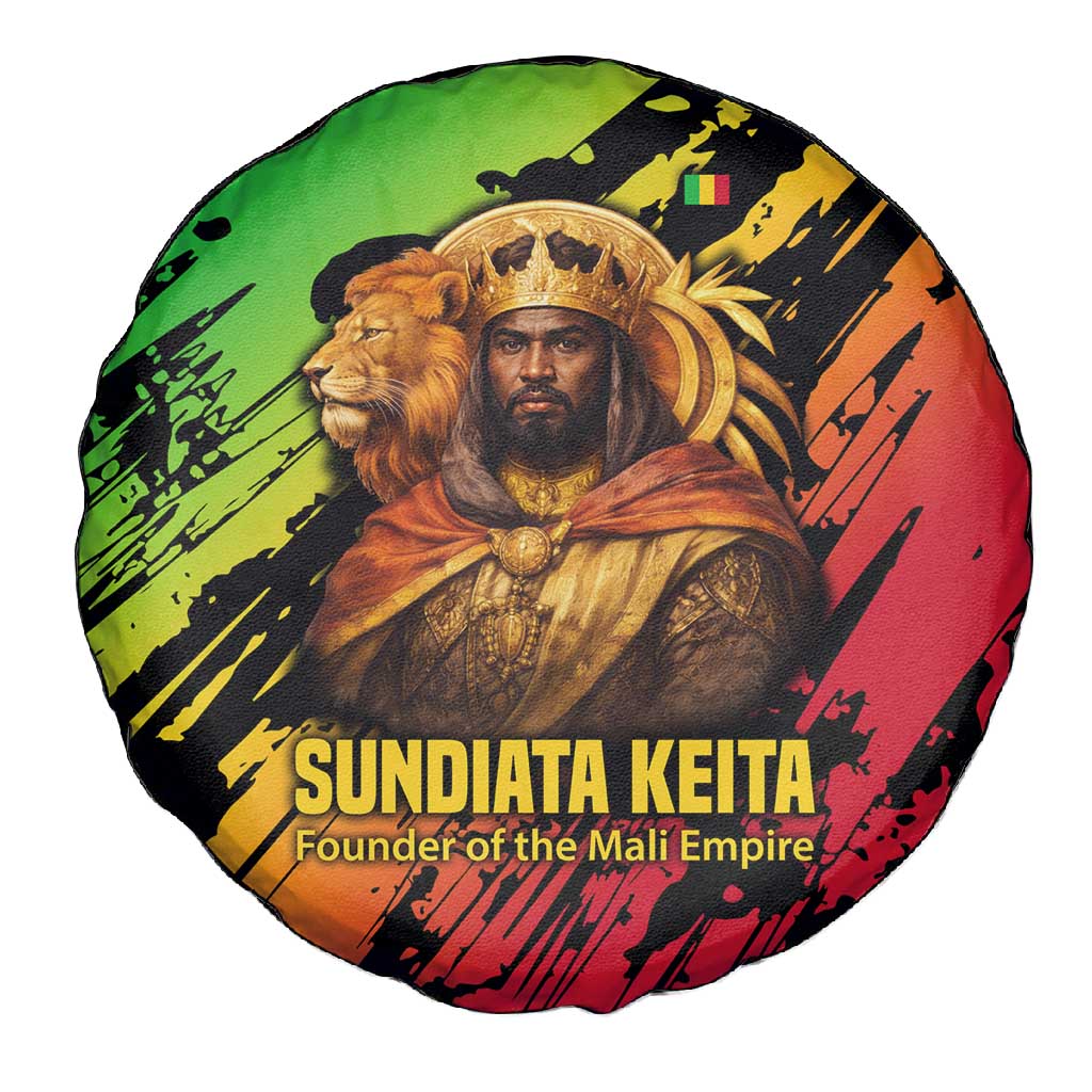 Sundiata Keita Spare Tire Cover with Regal Portrait, Lion of Mali Title and Bold Tribal Brushstroke Pattern - Wonder Print Shop