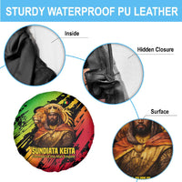 Sundiata Keita Spare Tire Cover with Regal Portrait, Lion of Mali Title and Bold Tribal Brushstroke Pattern - Wonder Print Shop