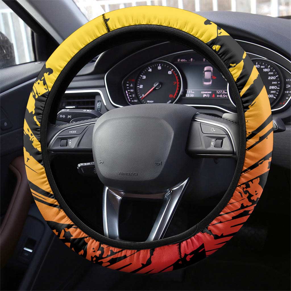 Sundiata Keita Steering Wheel Cover with Regal Portrait, Lion of Mali Title and Bold Tribal Brushstroke Pattern - Wonder Print Shop