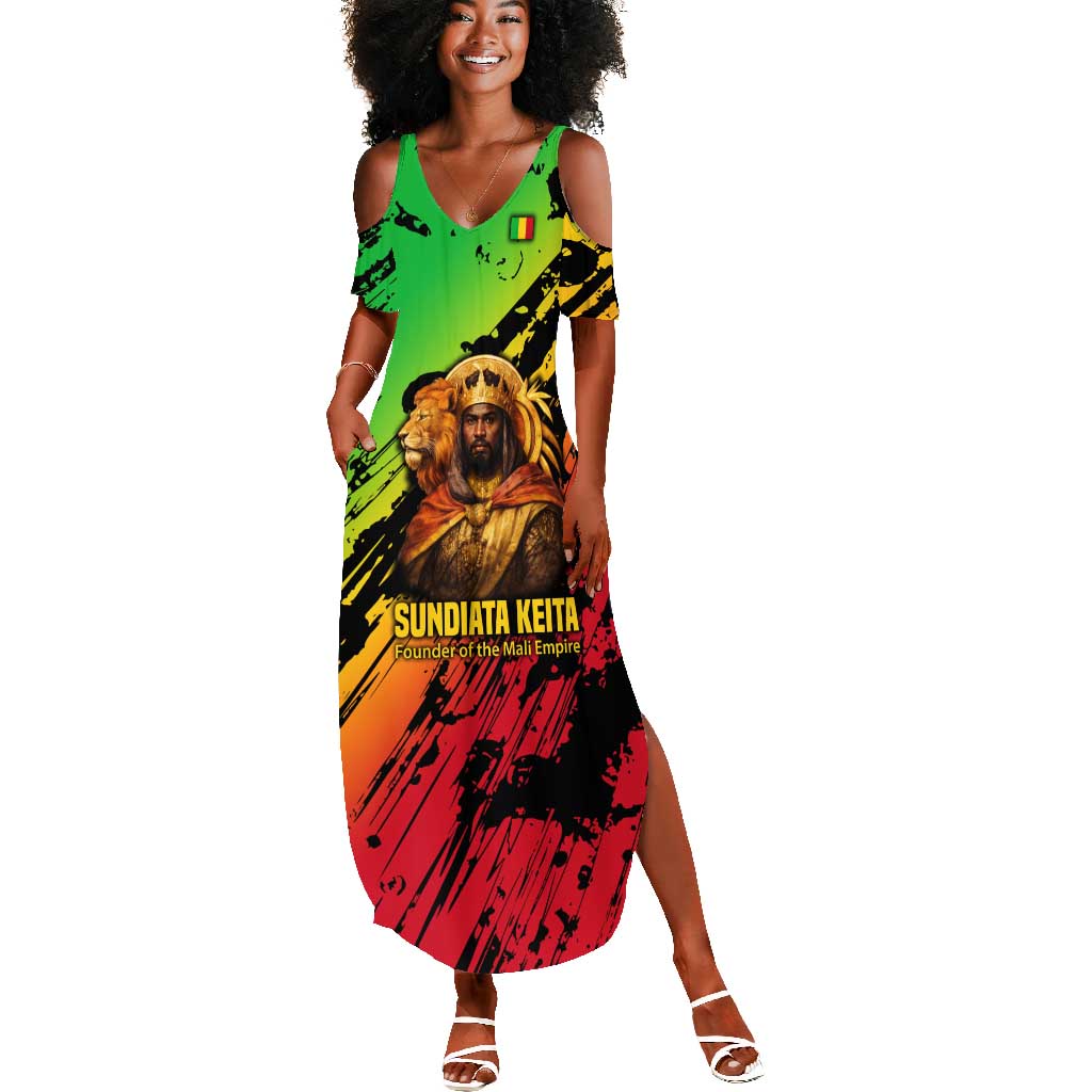 Sundiata Keita Summer Maxi Dress with Regal Portrait, Lion of Mali Title and Bold Tribal Brushstroke Pattern - Wonder Print Shop