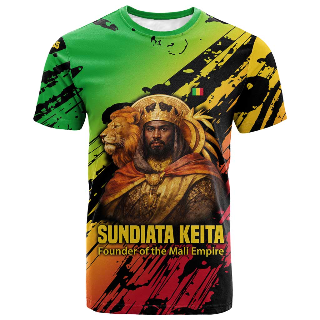 Sundiata Keita T shirt with Regal Portrait, Lion of Mali Title and Bold Tribal Brushstroke Pattern - Wonder Print Shop