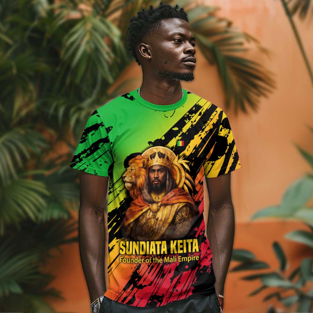 Sundiata Keita T shirt with Regal Portrait, Lion of Mali Title and Bold Tribal Brushstroke Pattern - Wonder Print Shop
