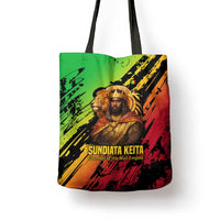 Sundiata Keita Tote Bag with Regal Portrait, Lion of Mali Title and Bold Tribal Brushstroke Pattern - Wonder Print Shop