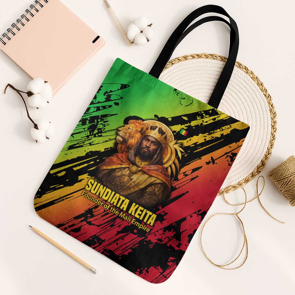 Sundiata Keita Tote Bag with Regal Portrait, Lion of Mali Title and Bold Tribal Brushstroke Pattern - Wonder Print Shop