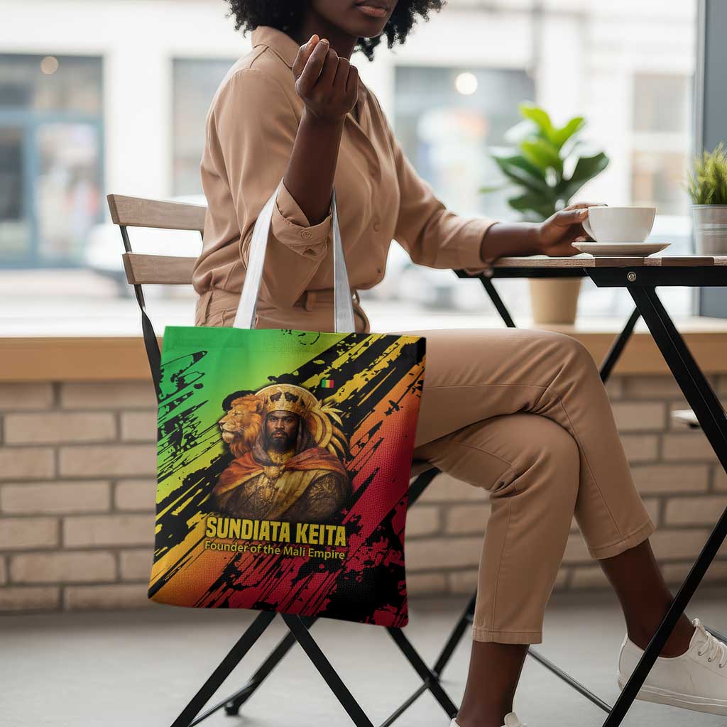 Sundiata Keita Tote Bag with Regal Portrait, Lion of Mali Title and Bold Tribal Brushstroke Pattern - Wonder Print Shop