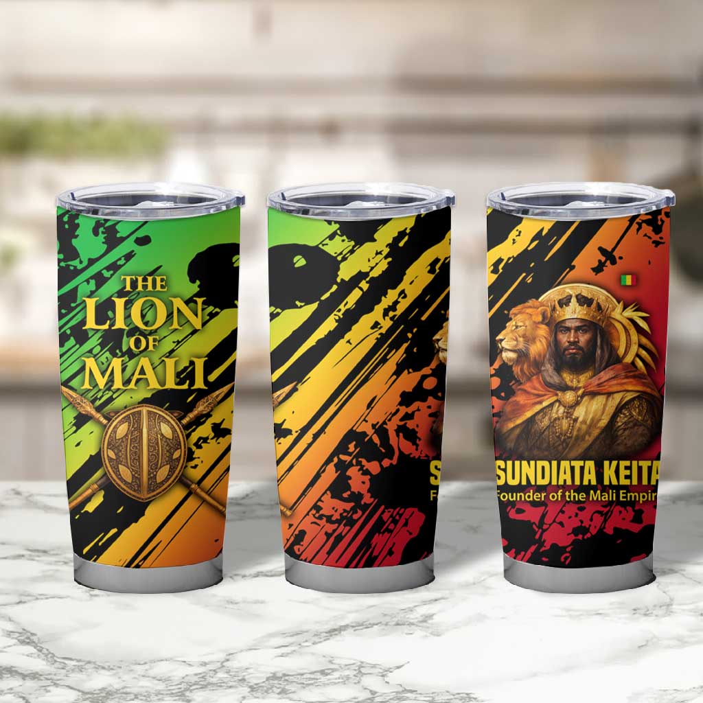 Sundiata Keita Tumbler Cup with Regal Portrait, Lion of Mali Title and Bold Tribal Brushstroke Pattern - Wonder Print Shop