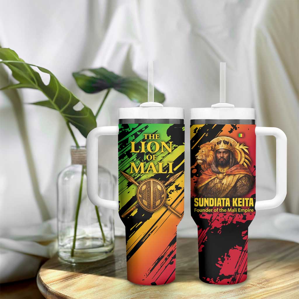 Sundiata Keita Tumbler With Handle with Regal Portrait, Lion of Mali Title and Bold Tribal Brushstroke Pattern - Wonder Print Shop