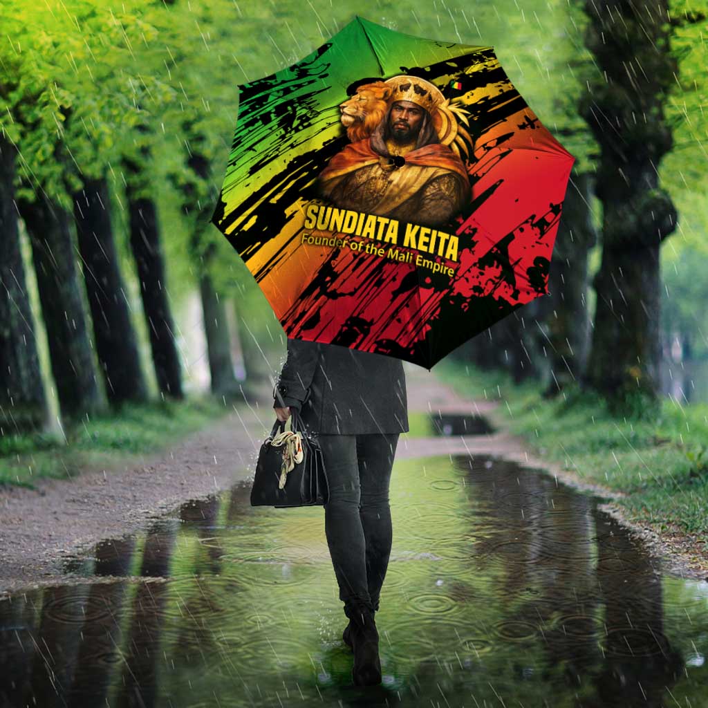 Sundiata Keita Umbrella with Regal Portrait, Lion of Mali Title and Bold Tribal Brushstroke Pattern - Wonder Print Shop