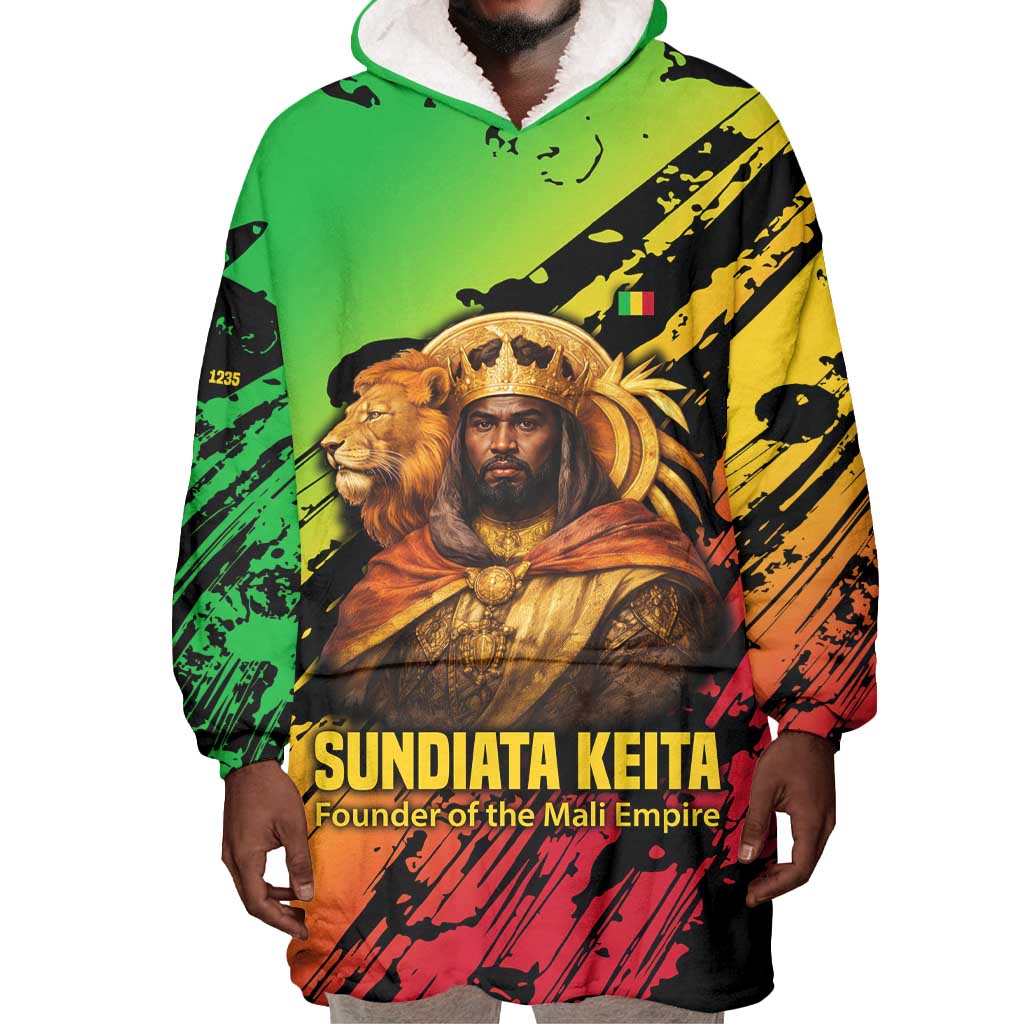 Sundiata Keita Wearable Blanket Hoodie with Regal Portrait, Lion of Mali Title and Bold Tribal Brushstroke Pattern - Wonder Print Shop