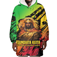 Sundiata Keita Wearable Blanket Hoodie with Regal Portrait, Lion of Mali Title and Bold Tribal Brushstroke Pattern - Wonder Print Shop