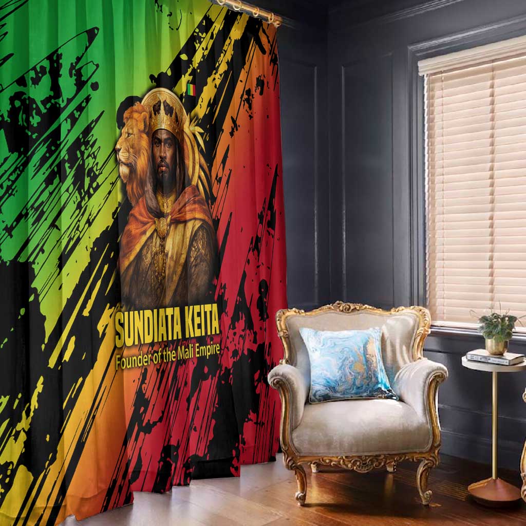 Sundiata Keita Window Curtain with Regal Portrait, Lion of Mali Title and Bold Tribal Brushstroke Pattern - Wonder Print Shop