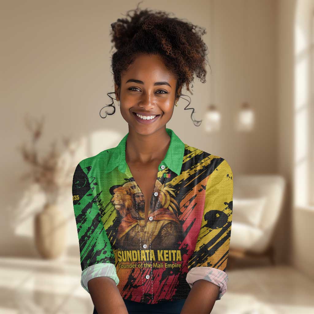 Sundiata Keita Women Casual Shirt with Regal Portrait, Lion of Mali Title and Bold Tribal Brushstroke Pattern - Wonder Print Shop