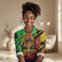Sundiata Keita Women Casual Shirt with Regal Portrait, Lion of Mali Title and Bold Tribal Brushstroke Pattern - Wonder Print Shop
