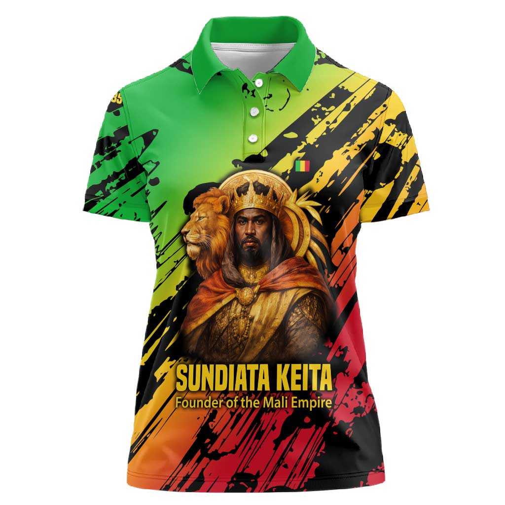 Sundiata Keita Women Polo Shirt with Regal Portrait, Lion of Mali Title and Bold Tribal Brushstroke Pattern - Wonder Print Shop