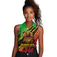 Sundiata Keita Women Sleeveless Polo Shirt with Regal Portrait, Lion of Mali Title and Bold Tribal Brushstroke Pattern - Wonder Print Shop