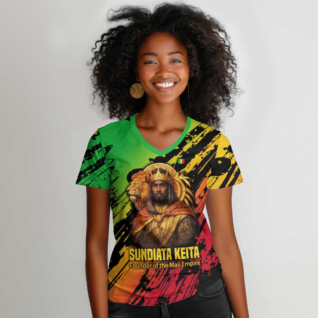 Sundiata Keita Women V-Neck T-Shirt with Regal Portrait, Lion of Mali Title and Bold Tribal Brushstroke Pattern - Wonder Print Shop