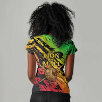Sundiata Keita Women V-Neck T-Shirt with Regal Portrait, Lion of Mali Title and Bold Tribal Brushstroke Pattern - Wonder Print Shop