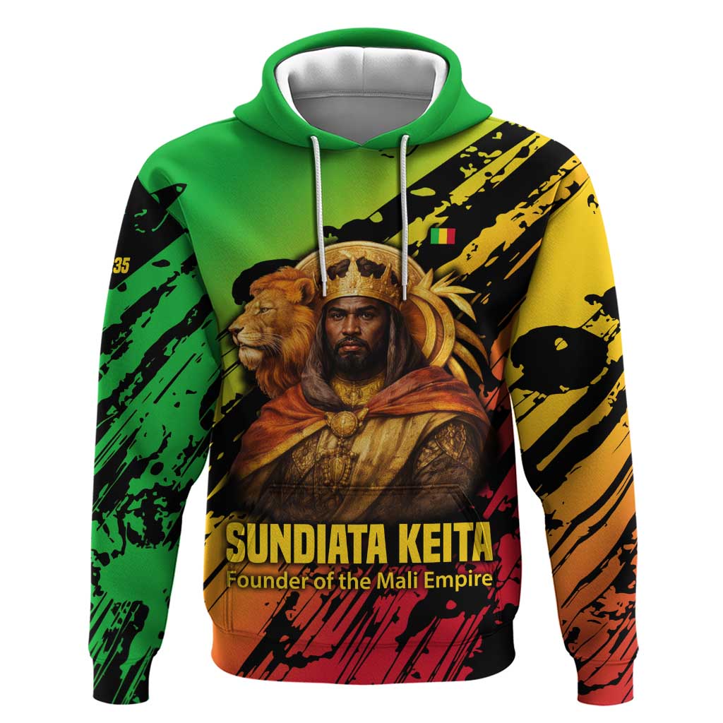 Sundiata Keita Zip Hoodie with Regal Portrait, Lion of Mali Title and Bold Tribal Brushstroke Pattern - Wonder Print Shop