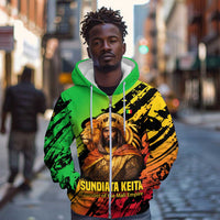 Sundiata Keita Zip Hoodie with Regal Portrait, Lion of Mali Title and Bold Tribal Brushstroke Pattern - Wonder Print Shop