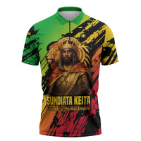 Sundiata Keita Zipper Polo Shirt with Regal Portrait, Lion of Mali Title and Bold Tribal Brushstroke Pattern - Wonder Print Shop