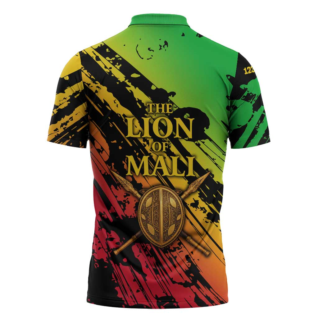 Sundiata Keita Zipper Polo Shirt with Regal Portrait, Lion of Mali Title and Bold Tribal Brushstroke Pattern - Wonder Print Shop