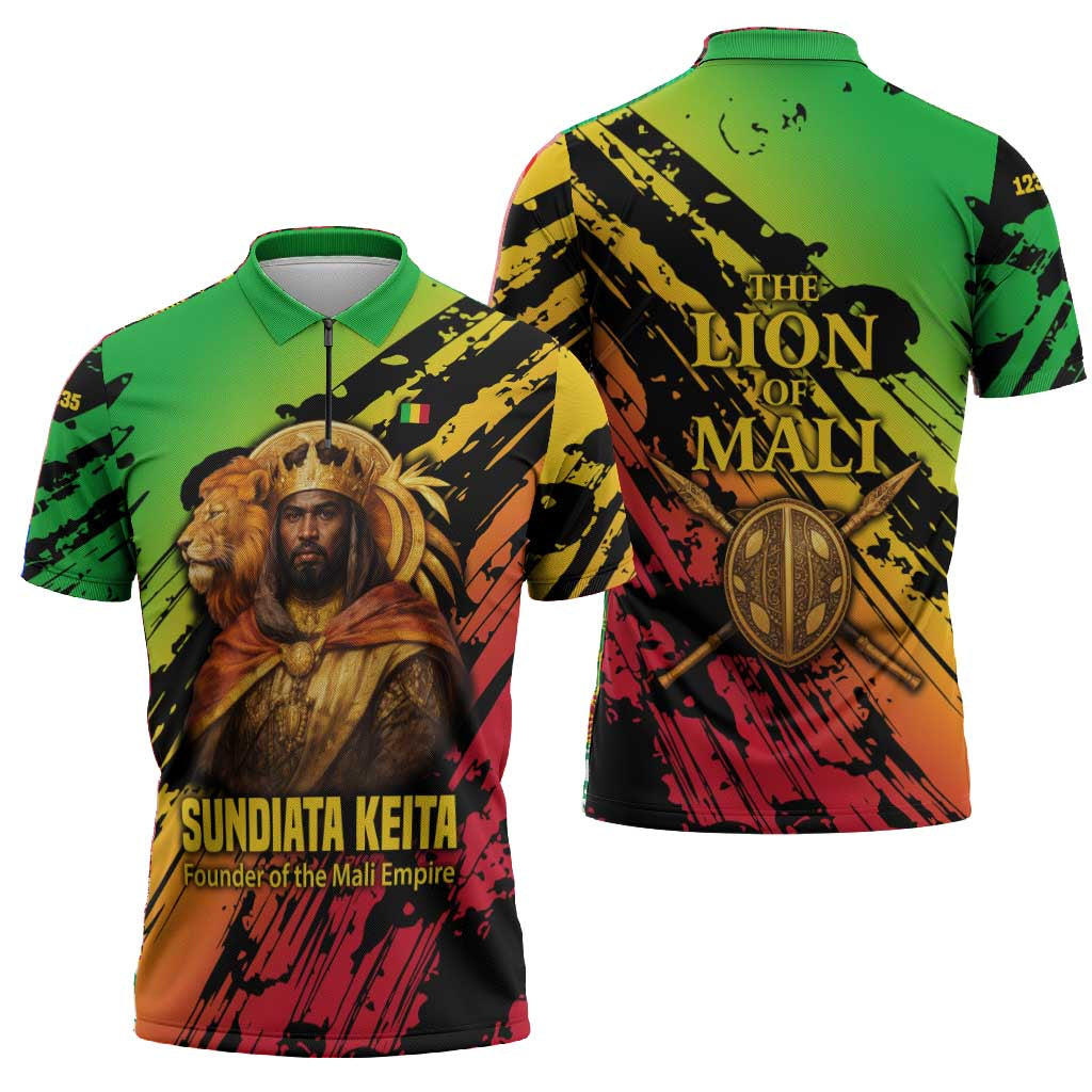 Sundiata Keita Zipper Polo Shirt with Regal Portrait, Lion of Mali Title and Bold Tribal Brushstroke Pattern - Wonder Print Shop