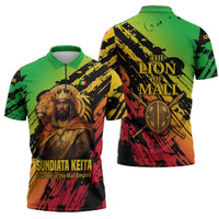 Sundiata Keita Zipper Polo Shirt with Regal Portrait, Lion of Mali Title and Bold Tribal Brushstroke Pattern - Wonder Print Shop