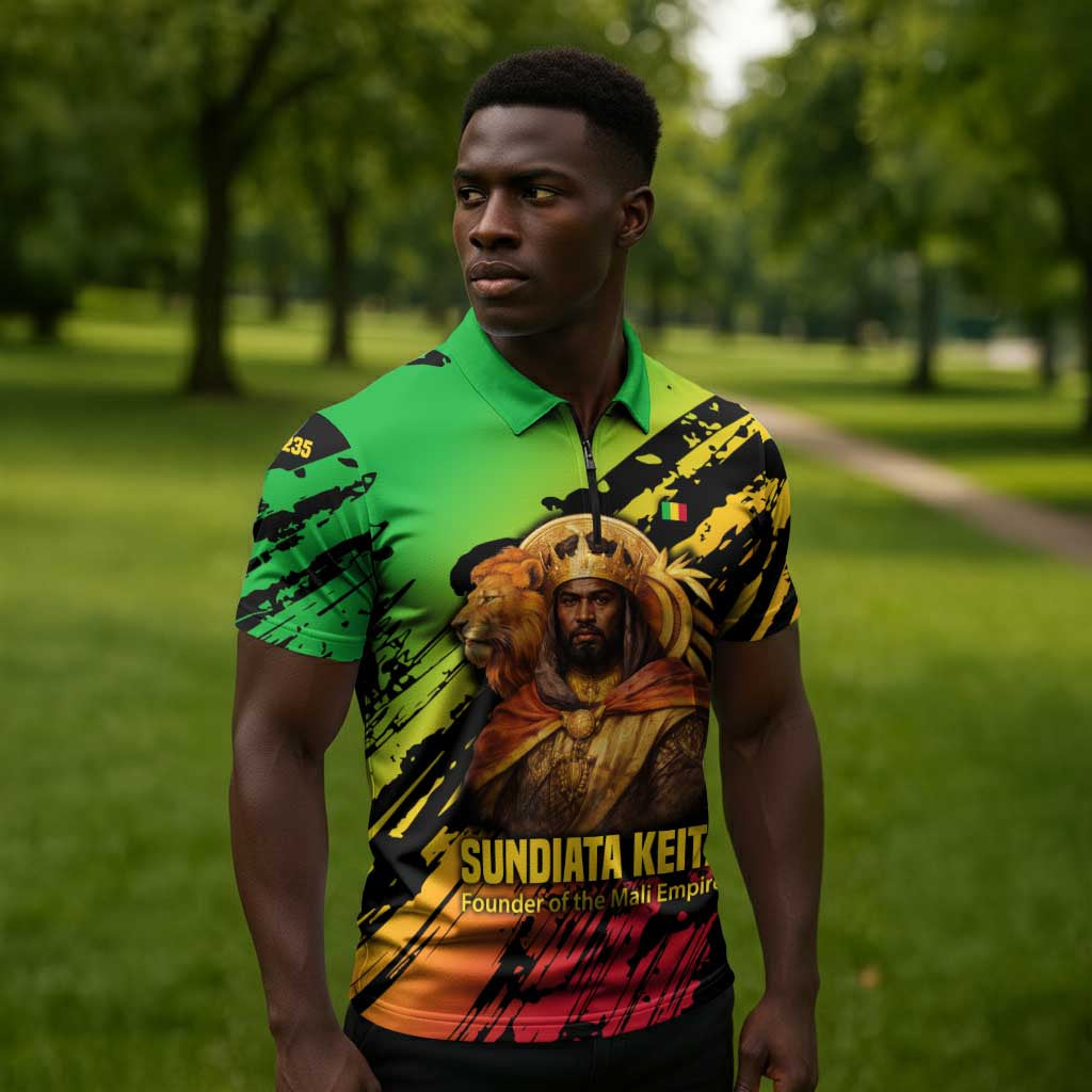 Sundiata Keita Zipper Polo Shirt with Regal Portrait, Lion of Mali Title and Bold Tribal Brushstroke Pattern - Wonder Print Shop