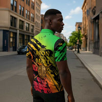 Sundiata Keita Zipper Polo Shirt with Regal Portrait, Lion of Mali Title and Bold Tribal Brushstroke Pattern - Wonder Print Shop