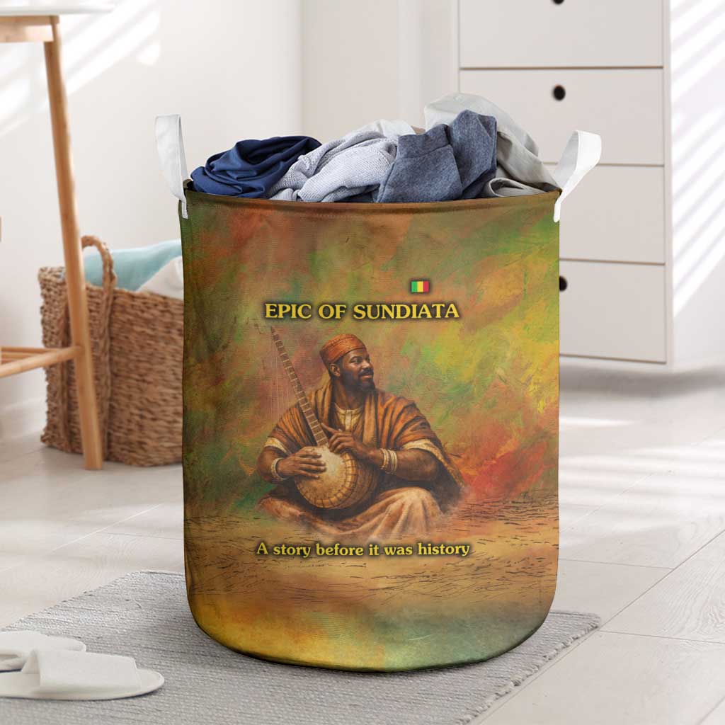 Sundiata Keita Laundry Basket Griot Storytelling Scene, Epic of Sundiata Text and Heritage-Inspired Earth Tone - Wonder Print Shop