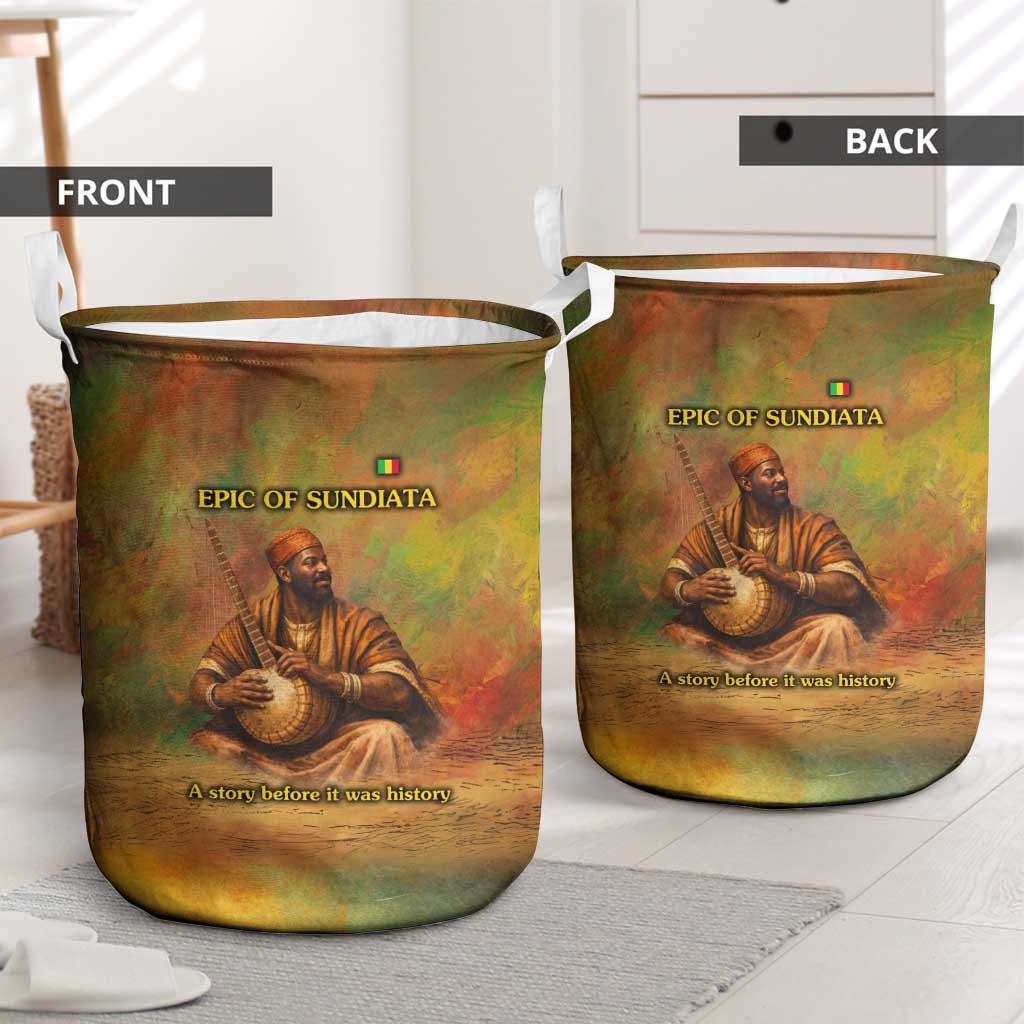 Sundiata Keita Laundry Basket Griot Storytelling Scene, Epic of Sundiata Text and Heritage-Inspired Earth Tone - Wonder Print Shop