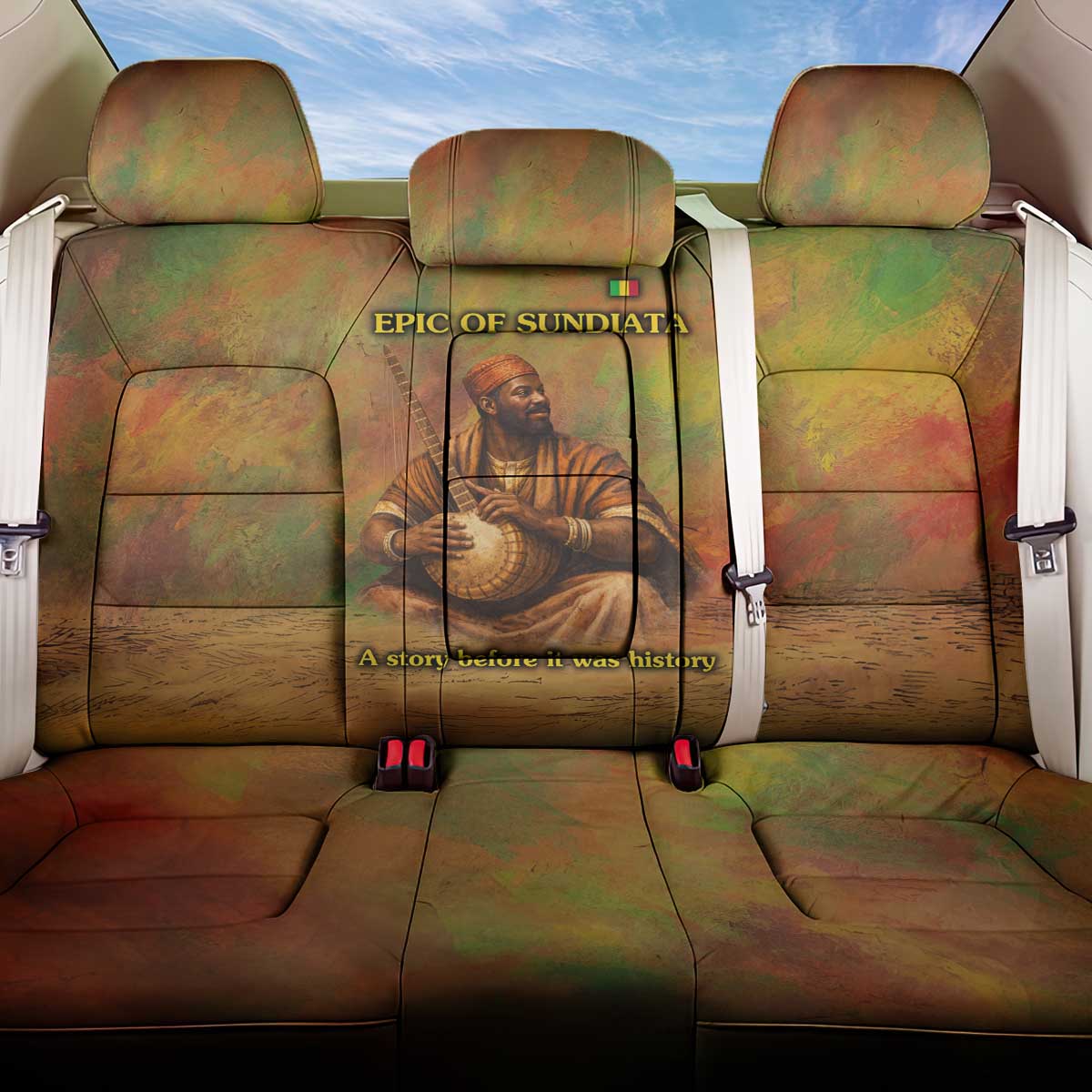 Sundiata Keita Back Car Seat Cover Griot Storytelling Scene, Epic of Sundiata Text and Heritage-Inspired Earth Tone - Wonder Print Shop