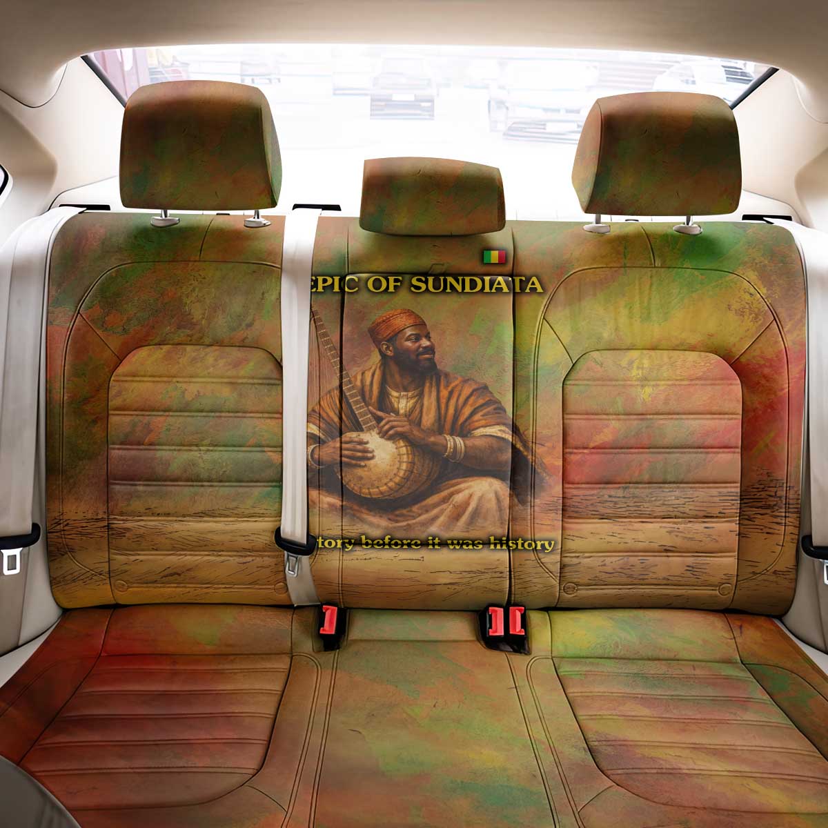 Sundiata Keita Back Car Seat Cover Griot Storytelling Scene, Epic of Sundiata Text and Heritage-Inspired Earth Tone - Wonder Print Shop