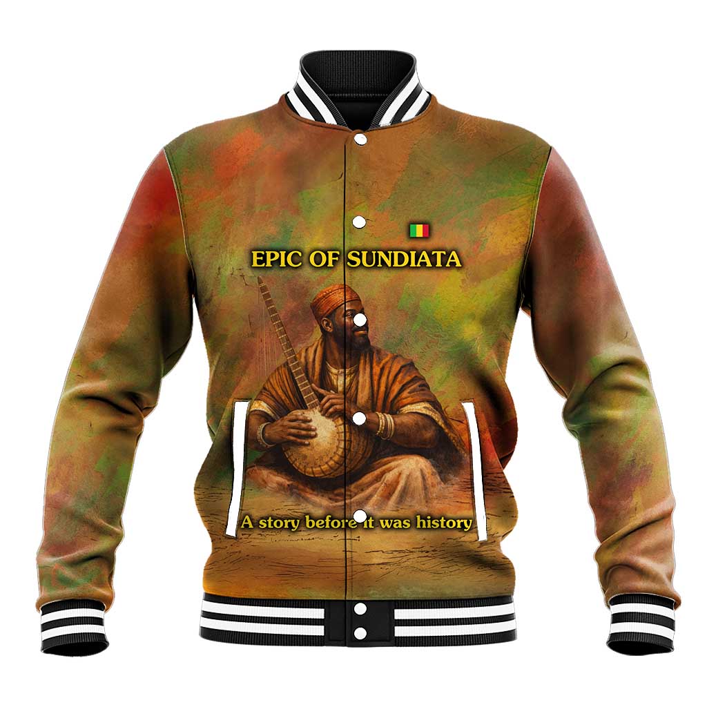 Sundiata Keita Baseball Jacket Griot Storytelling Scene, Epic of Sundiata Text and Heritage-Inspired Earth Tone - Wonder Print Shop