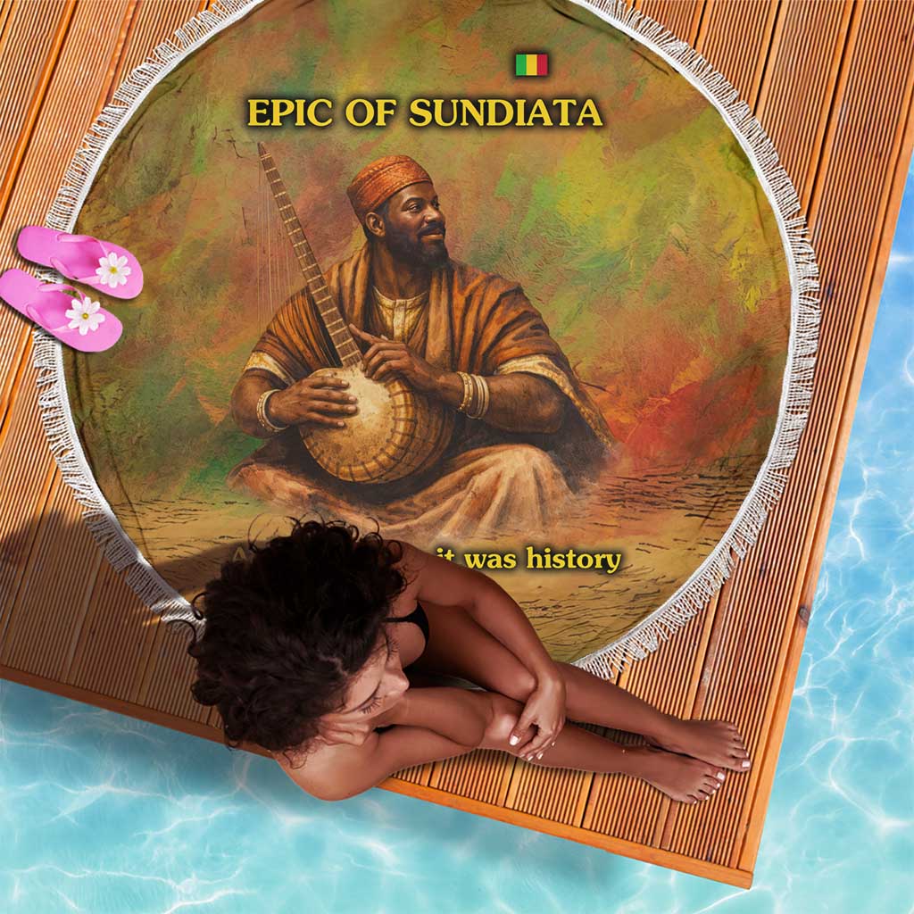 Sundiata Keita Beach Blanket Griot Storytelling Scene, Epic of Sundiata Text and Heritage-Inspired Earth Tone - Wonder Print Shop