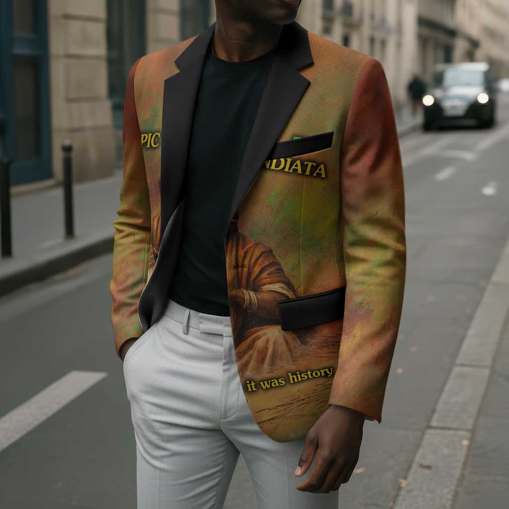 Sundiata Keita Blazer Griot Storytelling Scene, Epic of Sundiata Text and Heritage-Inspired Earth Tone - Wonder Print Shop