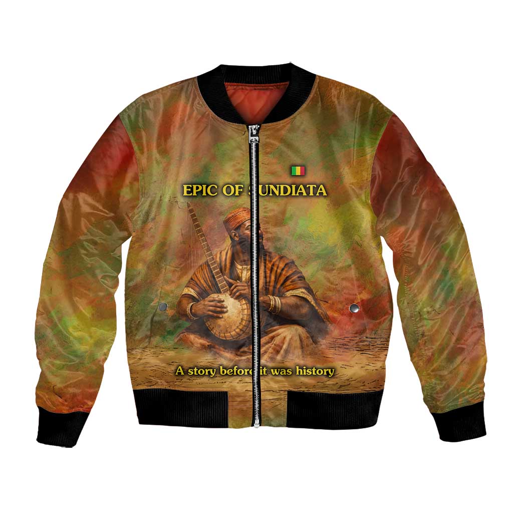 Sundiata Keita Bomber Jacket Griot Storytelling Scene, Epic of Sundiata Text and Heritage-Inspired Earth Tone - Wonder Print Shop