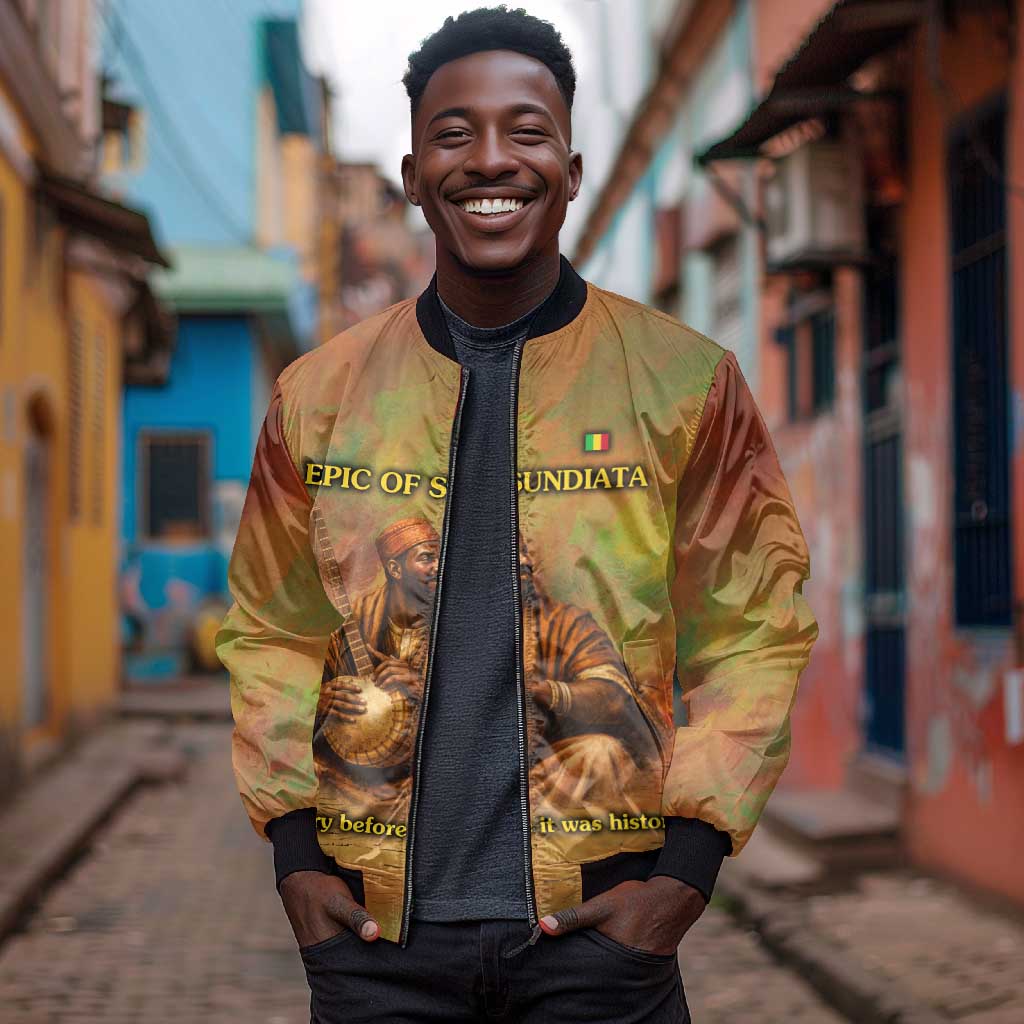 Sundiata Keita Bomber Jacket Griot Storytelling Scene, Epic of Sundiata Text and Heritage-Inspired Earth Tone - Wonder Print Shop
