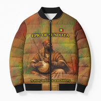 Sundiata Keita Bomber Puffer Jacket Griot Storytelling Scene, Epic of Sundiata Text and Heritage-Inspired Earth Tone - Wonder Print Shop