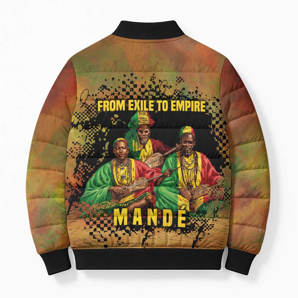 Sundiata Keita Bomber Puffer Jacket Griot Storytelling Scene, Epic of Sundiata Text and Heritage-Inspired Earth Tone - Wonder Print Shop