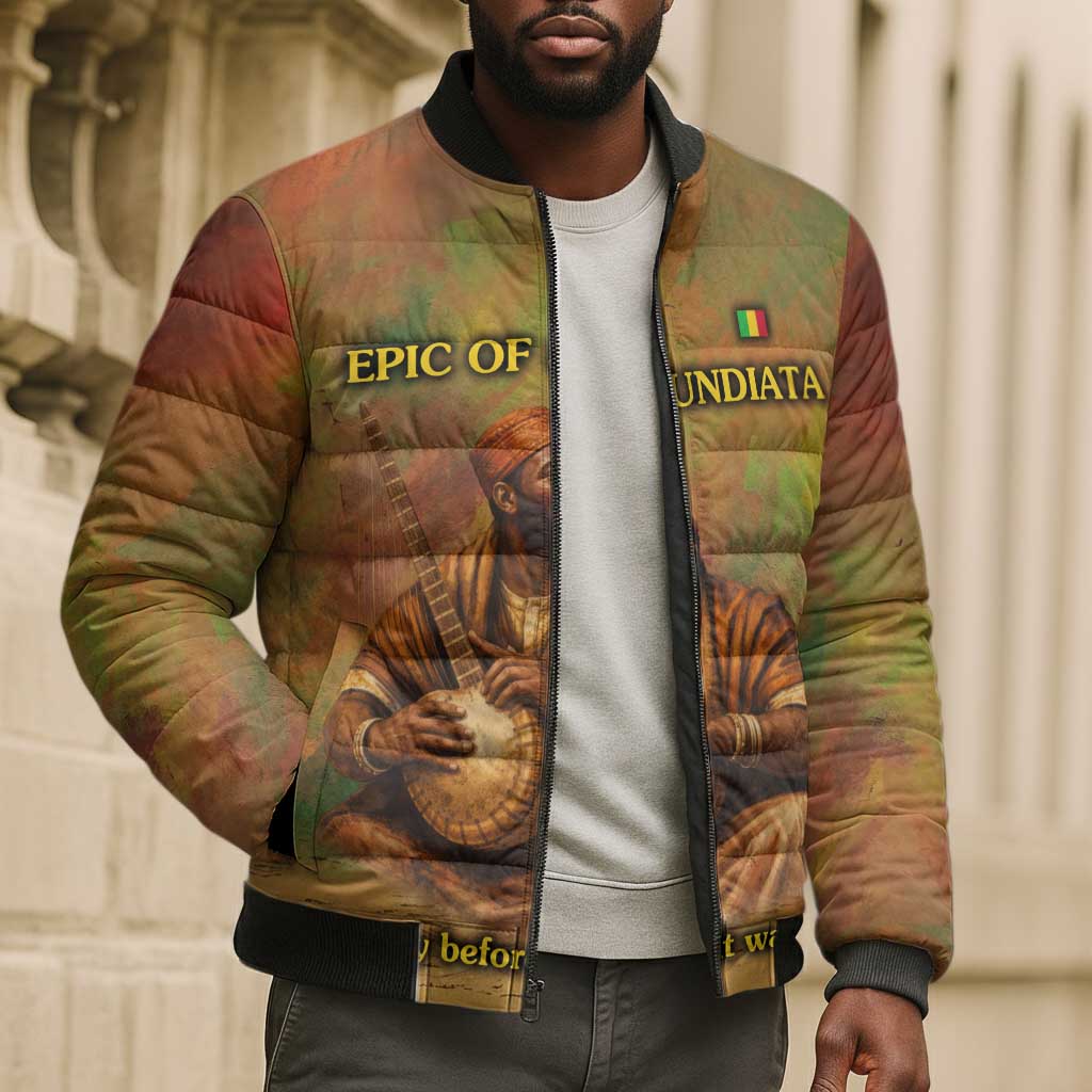 Sundiata Keita Bomber Puffer Jacket Griot Storytelling Scene, Epic of Sundiata Text and Heritage-Inspired Earth Tone - Wonder Print Shop