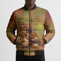 Sundiata Keita Bomber Puffer Jacket Griot Storytelling Scene, Epic of Sundiata Text and Heritage-Inspired Earth Tone - Wonder Print Shop