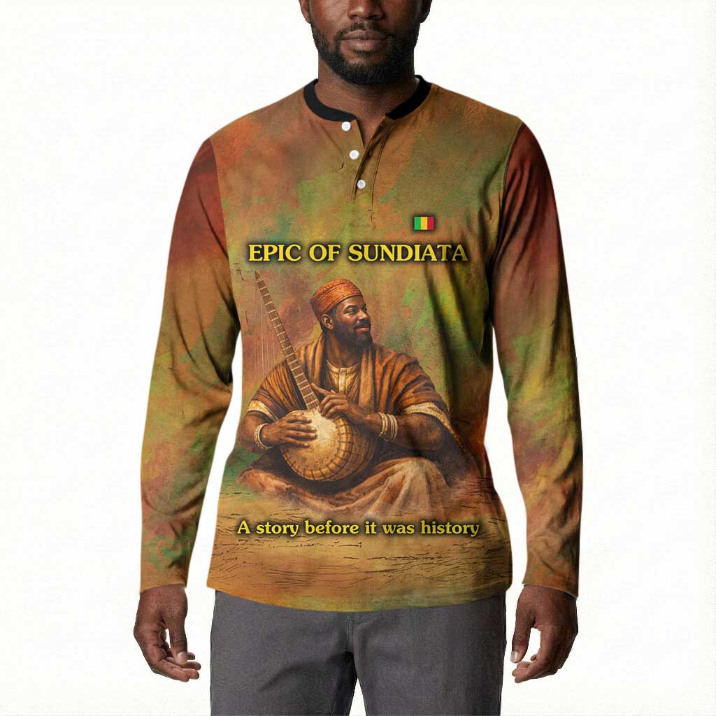Sundiata Keita Button Sweatshirt Griot Storytelling Scene, Epic of Sundiata Text and Heritage-Inspired Earth Tone
